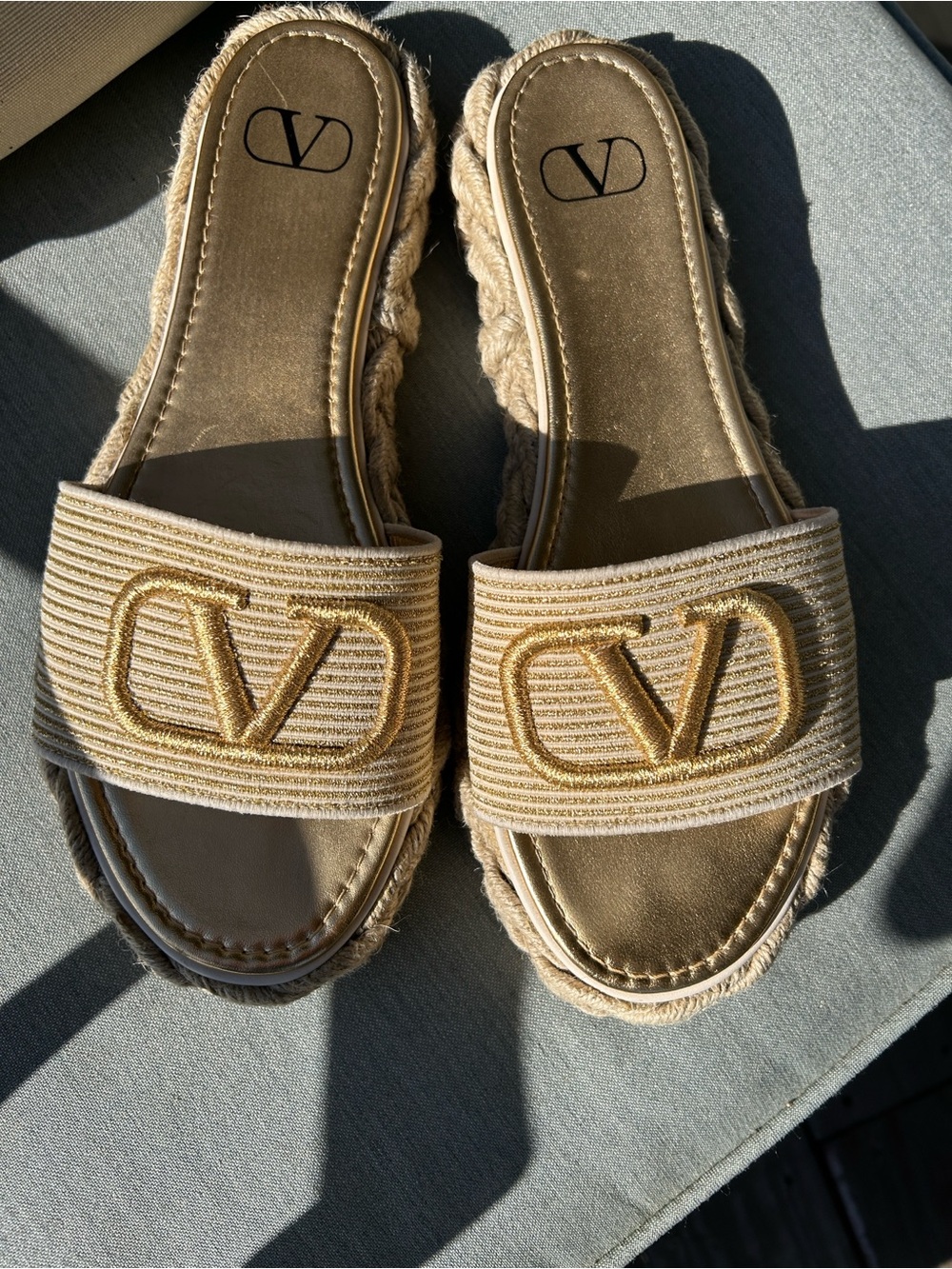 Valentino Garavani Gold Braided Espadrille Slide Mules size 10